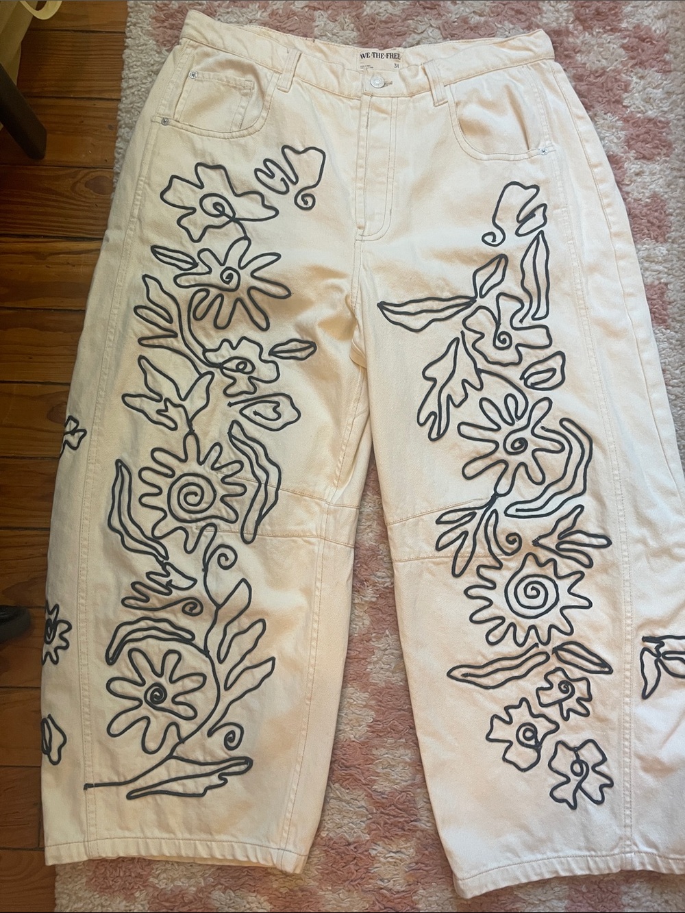 We The Free Cream Wide Leg Pants with Black Floral Outline Embroidery